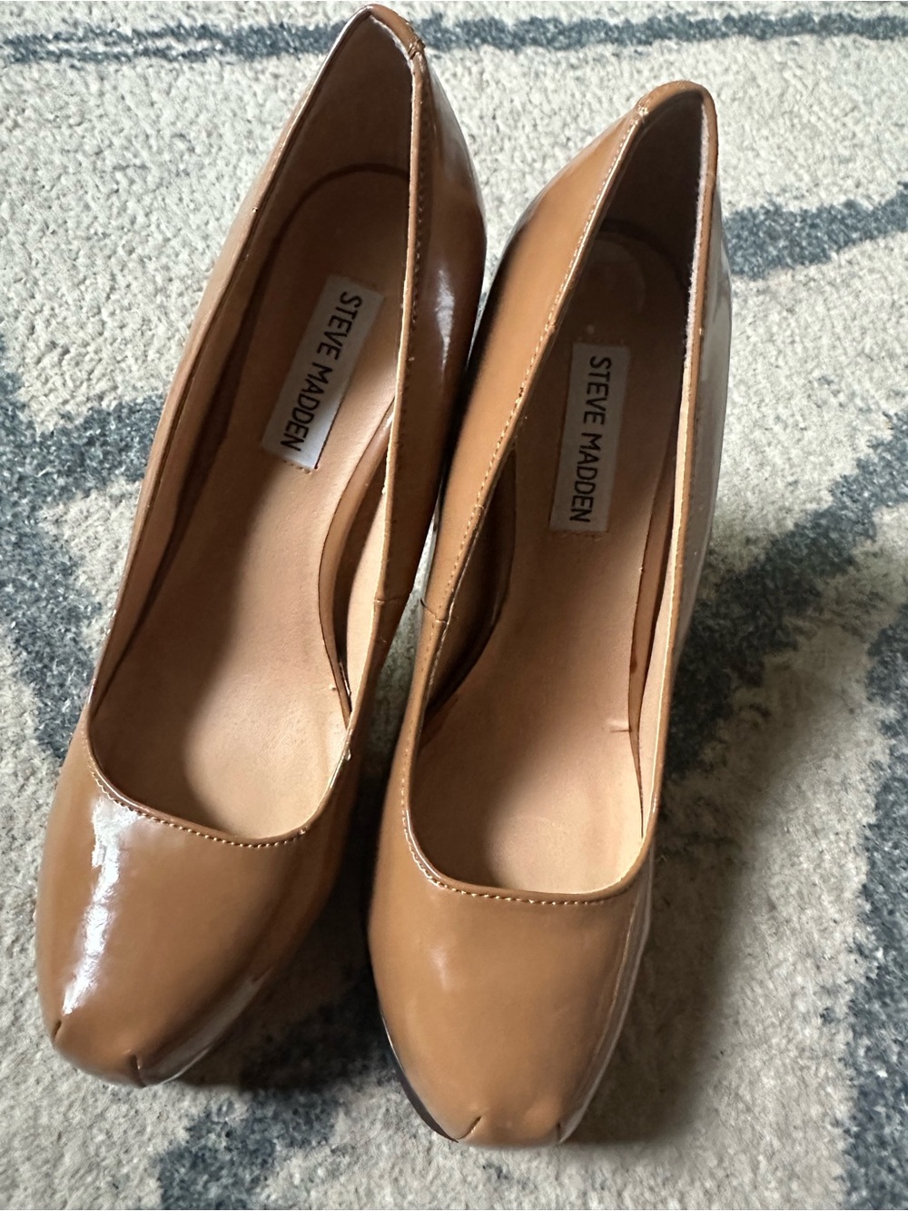 Tan Patent Leather Round-Toe Pumps
